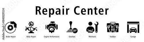 Repair Center web banner icon vector illustration with icons of Brake Repair, Body Repair, Engine Performance, Gearbox, Mechanic, Toolbox and Garage.