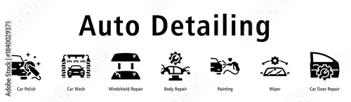 Auto Detailing web banner icon vector illustration with icons of Car Polish, Car Wash, Windshield Repair, Body Repair, Painting, Wiper and Car Door Repair.