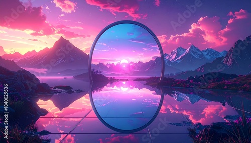 Circular frame reflects a mountain sunset over water with pink clouds against a stylized landscape
