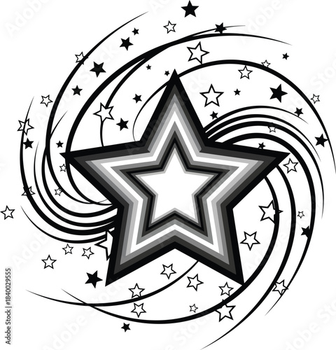 Black and white starburst with layered star and swirling lines