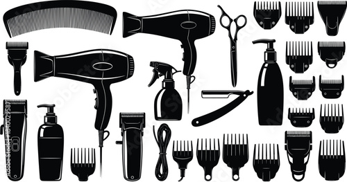 Hairdressing tools vector illustration, featuring combs, hair dryers, clippers, scissors, spray bottles, razor and grooming accessories for professional barber and salon equipment design