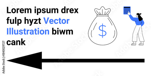 Business strategy, financial planning, growth direction, investment ideas, saving economics. Money bag with dollar sign, arrow, and person presenting. Financial planning and business strategy context