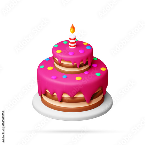 Two tier birthday cake with pink glaze and colorful sprinkles. Celebration dessert for party and special occasion. 3d stock vector illustration.