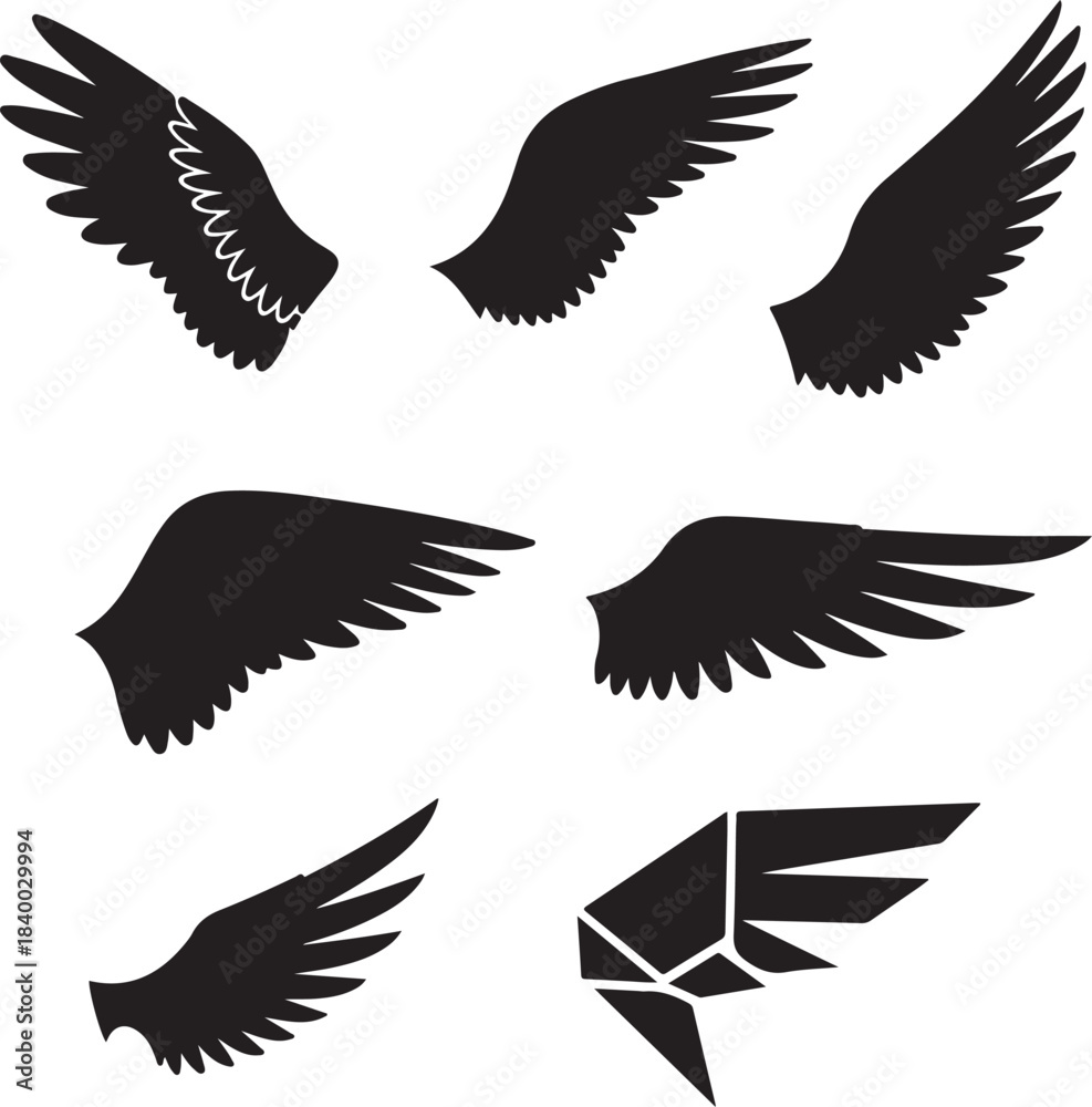 Obraz premium Collection of varied black wing silhouettes isolated. representing freedom, flight, power, and angelic themes.