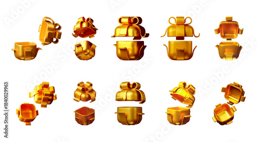 Golden gift box with different views and stages of opening and closing. Set of shiny luxury present for holiday promotion. 3d stock vector illustration.