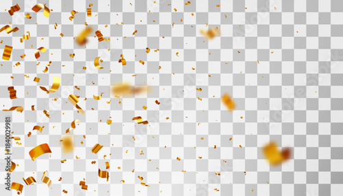 Falling golden confetti and streamers with motion blur effect. Festive celebration background for party, event, holiday greeting card, invitation, or announcement. Vector illustration
