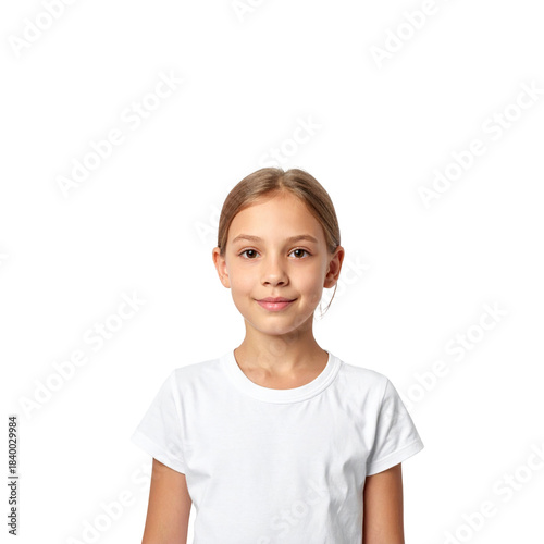 A young girl in a white tshirt smiling with a neutral expression on a black background