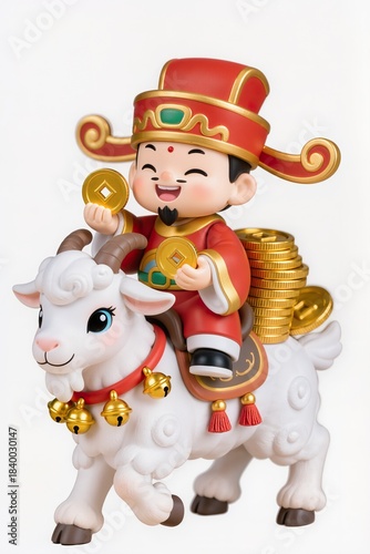 Chibi God of Wealth riding a fluffy chibi goat, carrying gold coins on his back, red-and-gold decorations, shiny figurine style, white background.