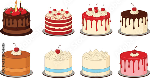 A vector collection of eight colorful single-serving round dessert cakes, including red velvet, chocolate drip, and various frosting and cherry toppings, ideal for bakery design