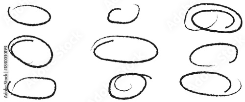 Hand drawn black crayon and circles. Ellipses pencil doodle  style set.