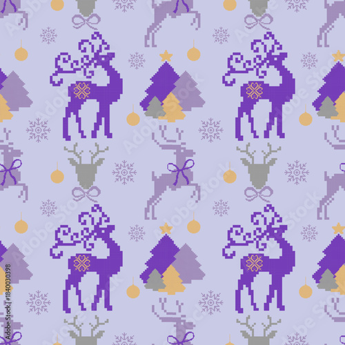 Seamless pixel art Christmas pattern featuring purple reindeer, winter trees, ornaments, and snowflakes. Perfect for holiday fabric designs, crafts, wrapping paper, and seasonal decorations.