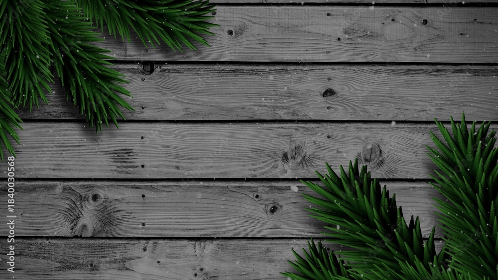 Naklejka premium Flat design showing gray wooden planks with snow dusted pine branches, business theme, copy space