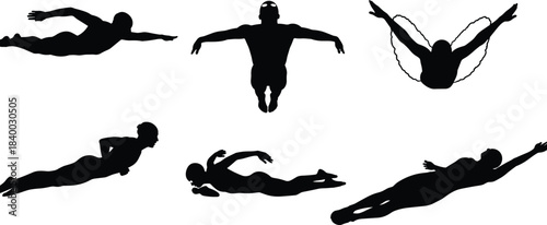 Swimmer silhouette, butterfly stroke, freestyle technique, diving motion, streamlined pose, athlete icon, water sport, pool action, dynamic movement, swim form