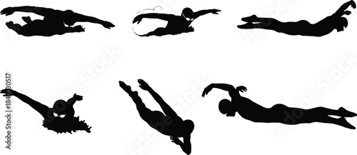 Swimmer silhouette, freestyle stroke, butterfly motion, diving pose, water splash, athlete icon, swimming technique, pool action, sport movement, dynamic form