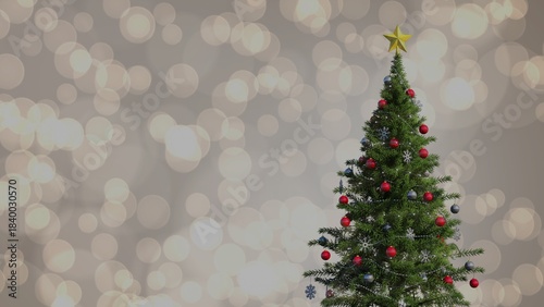 Flat design Christmas tree is standing with red or silver baubles, tinsel, gold star topper, busines