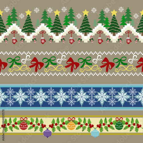 Christmas pixel art border pattern featuring festive decorations, snowflakes, trees, and ornaments. Perfect for holiday crafts, wrapping paper, textiles, and seasonal design projects.