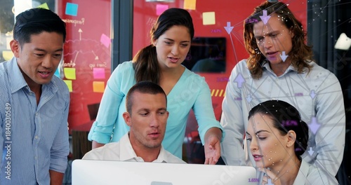 5 staff are collaborating on laptop in flat design office business plan with digital flowcharts