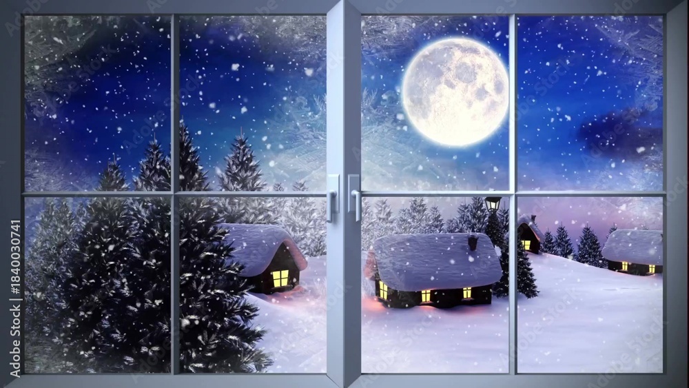 Fototapeta premium Flat design snowy forest is being shown through 6-pane window, with moonlit cabins, finance theme