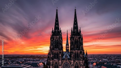 Majestic Cathedral Spires Against a Fiery Sunset Sky.