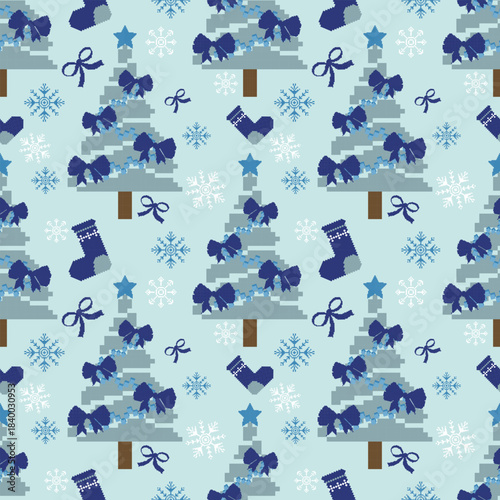 Seamless blue Christmas pixel art pattern featuring gifts, trees, snowflakes, ribbons, and winter icons. Ideal for wrapping paper, fabrics, crafts, and festive seasonal products.