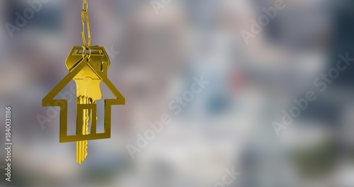 3D render is showing golden house keychain dangling against blurred cityscape scene for real estate