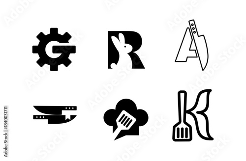 Creative Initial Letter Logo Designs with Culinary, Animal, and Industrial Themes in Black and White