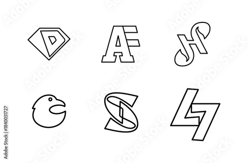 Collection of Six Abstract Line Art Monogram Logos and Geometric Symbols for Branding Design