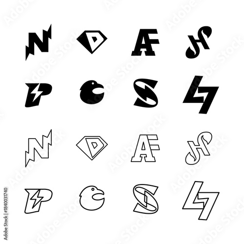 Set of diverse vector letter logos and dynamic icons with abstract, superhero, and sports themes, presented in black solid and outline styles.