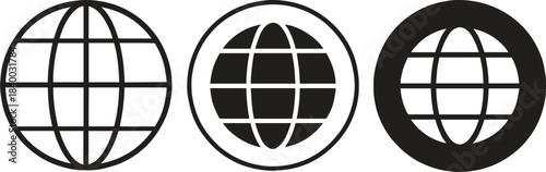 Three oval shapes with grid lines representing stylized globes. One is outlined, one is filled, and one is a silhouette.