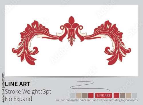 Vibrant red traditional swirling corner elements create an elegant classic border.