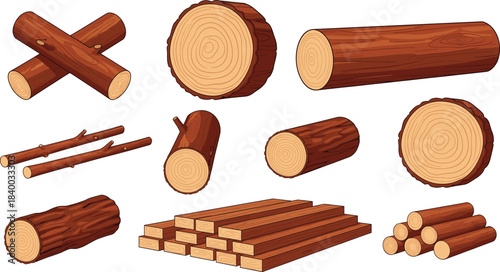 A vector collection of various natural wood elements including cut logs, timber, stacked lumber, and firewood, showing the grain texture and tree rings for logging and construction