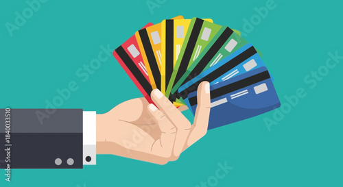 A hand in a suit jacket holds a fanned out collection of colorful credit cards, representing financial choices and payment options