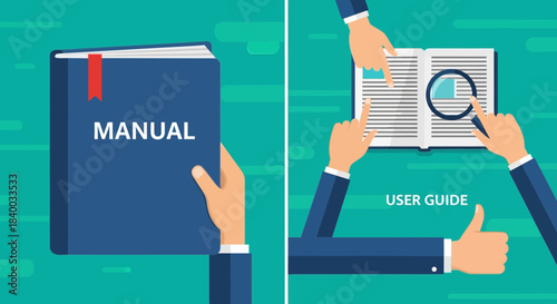A hand holds a closed blue manual book, while another set of hands interact with an open user guide, using a magnifying glass and giving a thumbs up