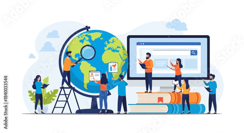 A diverse team of people collaborates around a large globe and a computer screen, symbolizing global research, education, and technological advancement
