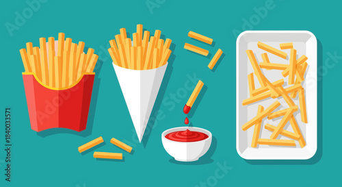 A collection of french fries presented in various ways, including a red carton, a white cone, and a tray, with a bowl of ketchup for dipping