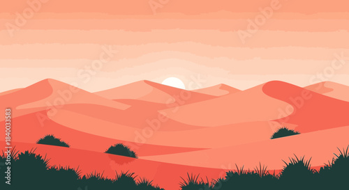 A serene desert landscape unfolds with rolling sand dunes under a gradient sky at sunrise or sunset, featuring subtle green bushes in the foreground