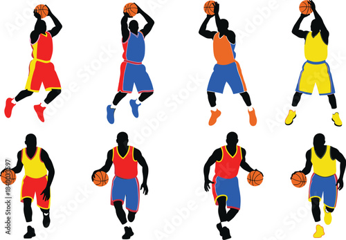 Basketball Player Silhouettes Action Set, Dynamic Poses, Isolated Vector Graphic Pack, Diverse Jump Shots, Dribbling, Athletic Competition, Sports Tournament Design Resource, High Energy, Teamwork.