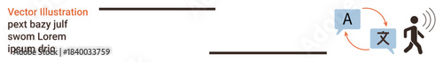 Language learning, communication technology, multilingual apps, global connectivity, AI translation, speech tools. Person with speech icon, arrows connecting language bubbles. Communication