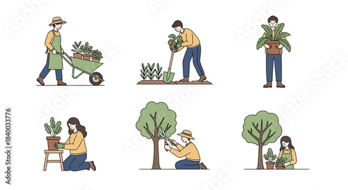 A collection of illustrations depicting people engaged in various gardening activities, including planting, pruning, and transporting plants with a wheelbarrow