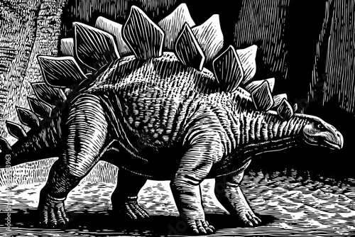 black and white stegosaurus sketch featuring prominent dorsal plates and spiked tail, drawn with textured shading for strong prehistoric atmosphere