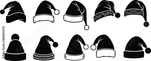Vector Collection of Ten Black and White Santa Claus Hats in Silhouette/Solid Fill Style, Ideal for Christmas, Monochrome Holiday Design, Festive Icons, and Winter Apparel Graphics