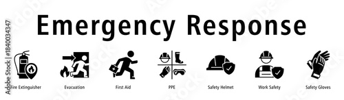 Emergency Response banner featuring Fire Extinguisher, Evacuation, First Aid, PPE, Helmet, Work Safety, and Gloves.