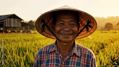 Smiling Farmer in Rice Field - A Portrait of Rural Life.