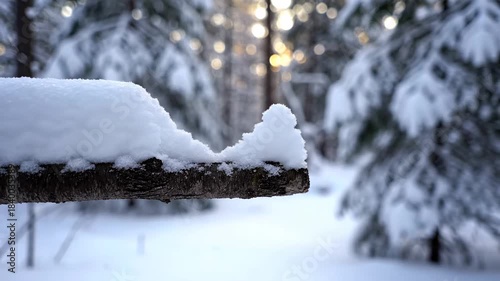 Snow Covered Forest Bench in Winter Sunlight.