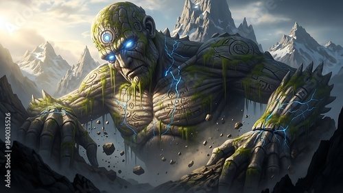 Colossal Stone Giant Golem Emerging in a Mountain Landscape
