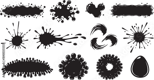 Liquid wavy shapes set featuring splashes collection, uneven fluid wavy edge forms, paint spot blot rain puddle stain with drops and blobs, black text water graphic design elements.eps