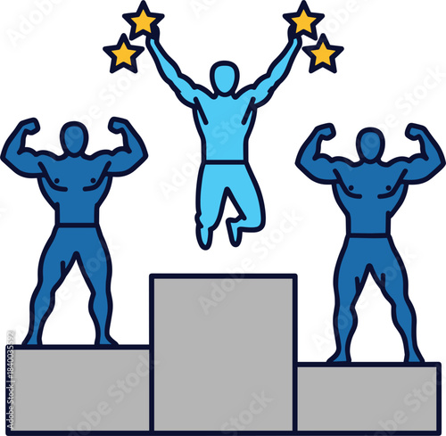 Fitness competition winners celebrating on a podium, muscular bodybuilders showing strong biceps, athletic achievement, success, first place champion joy, triumphant sport victory, 