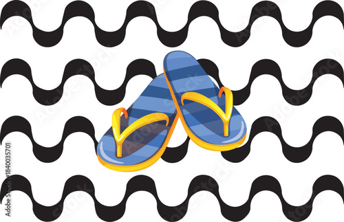 This is a vector illustration of flip-flops with a Copacabana beach pattern. 
