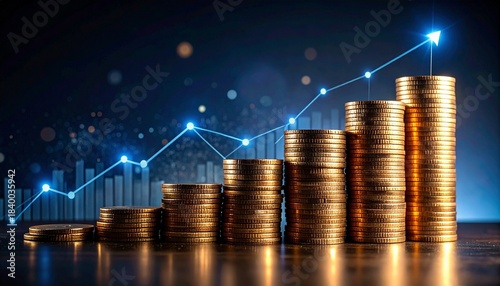 Stacks of gold coins with upward graph and glowing particles on dark background symbolizing financial growth