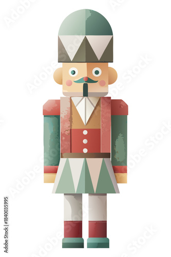 minimal nutcracker figure, ultra simplified shapes, geometric body, soft muted holiday colors, clean flat scandi style, isolated on pure white background, vector illustration
